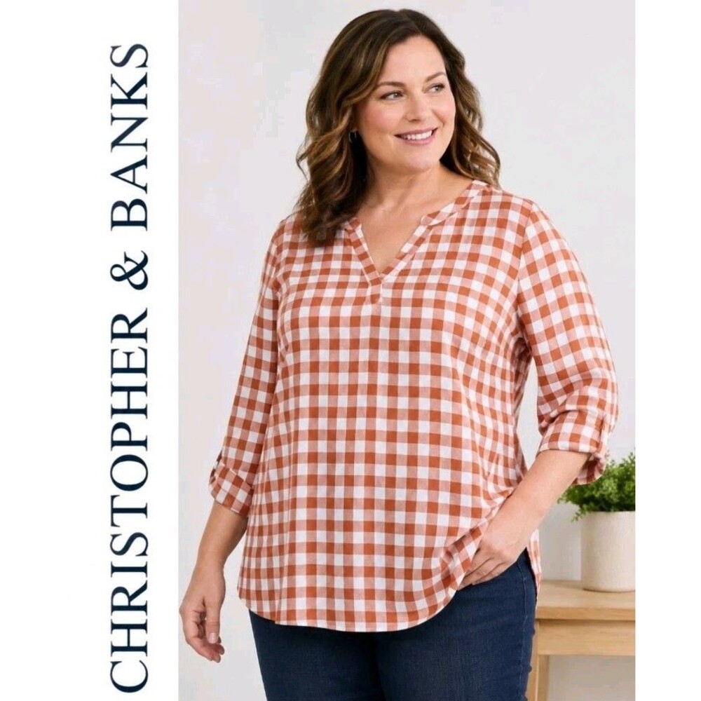 NWT CHRISTOPHER & BANKS Women XL Check Hi-Lo V-Neck Pockets Rayon Multicolor Top